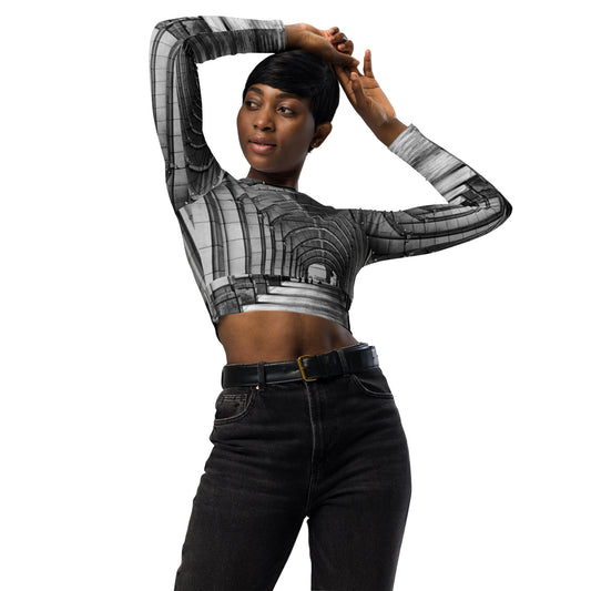 Recycled Long-Sleeve Crop Top - Downtown Calgary Hudson's Bay Sidewalk Black and White