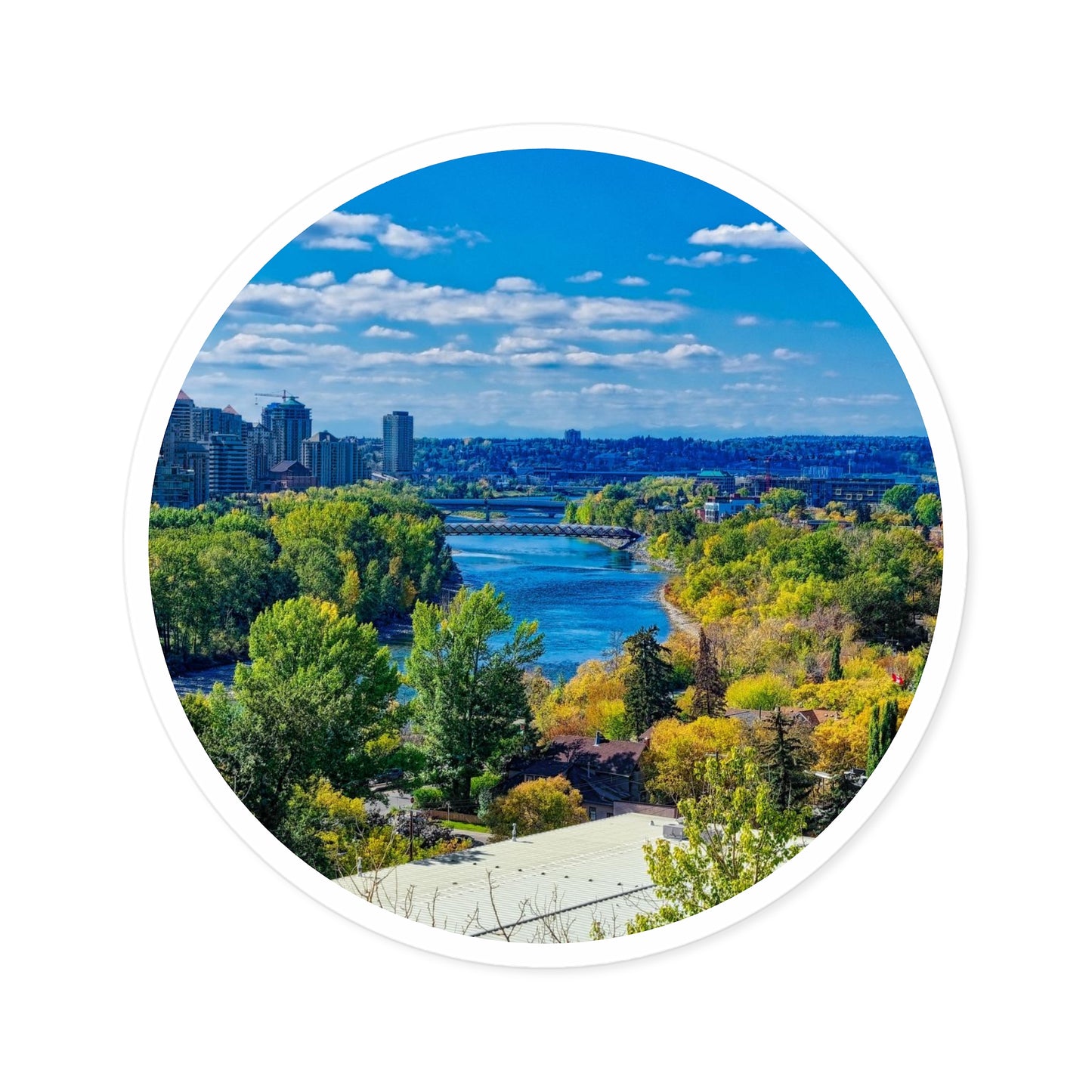 Round Stickers - Bow River Peace Bridge McHugh Bluff Fall HDR