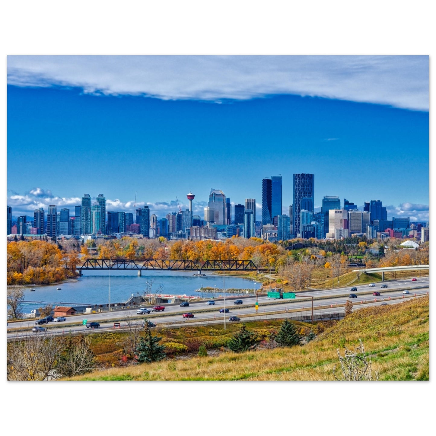 Premium Semi-Glossy Poster Print - Downtown Calgary Max Bell Centre Fall HDR