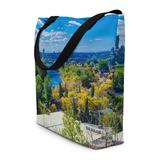 All-Over Print Large Tote Bag - Bow River Peace Bridge McHugh Bluff Fall HDR