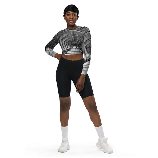 Recycled Long-Sleeve Crop Top - Downtown Calgary Hudson's Bay Sidewalk Black and White